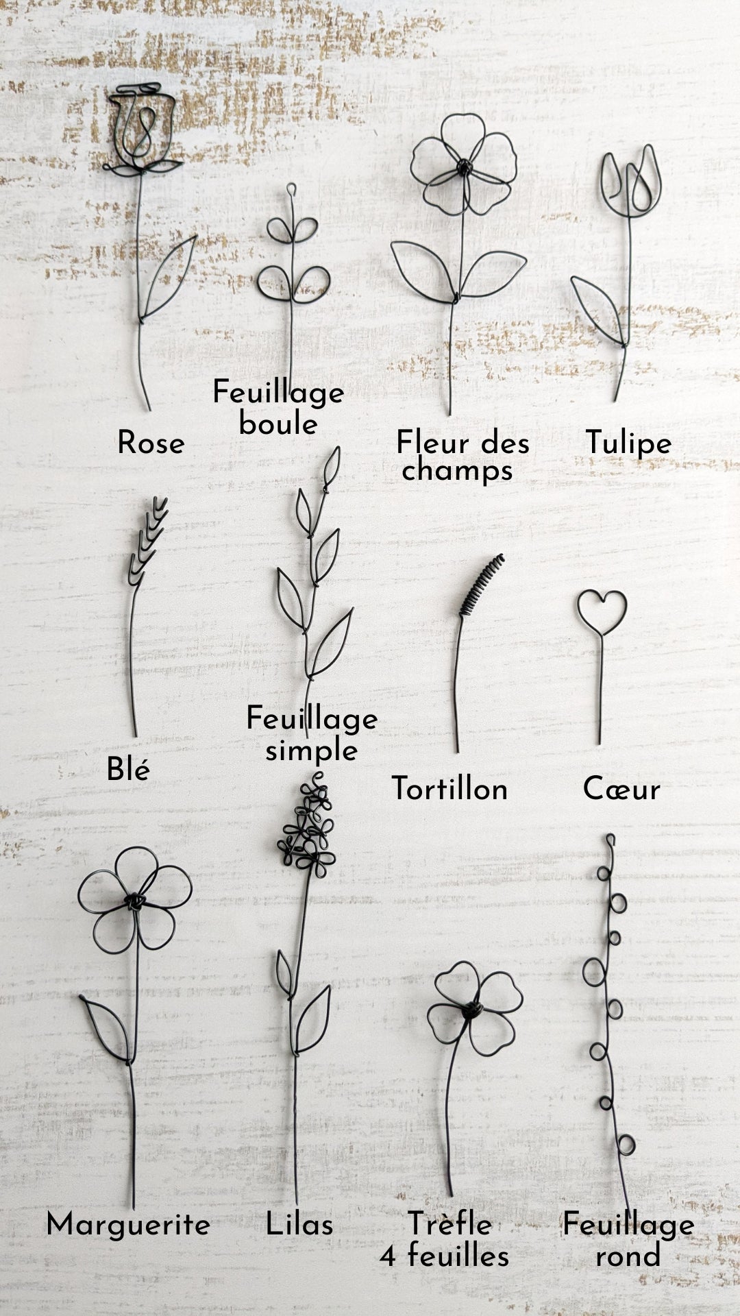 Choix des fleurs bouquet éternel : rose, feuillage boule, fleur des champs, tulipe, blé, feuillage simple, tortillon, cœur, marguerite, lilas, trèfle et feuillage rond - L'atelier de Boucle Piquée