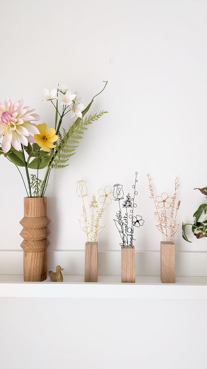 Bouquet éternel personnalisable avec prénoms : noir et bois - doré et bois - cuivré et bois - L'atelier de Boucle Piquée