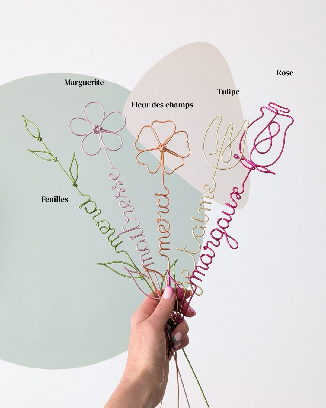 Fleur à message - Choix des tiges : feuilles, marguerite, fleur des champs, tulipe, rose - L'atelier de Boucle Piquée
