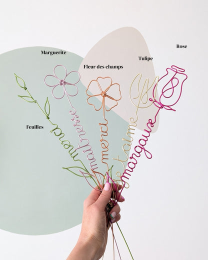 Fleur à message - Choix des tiges : feuilles, marguerite, fleur des champs, tulipe, rose - L'atelier de Boucle Piquée