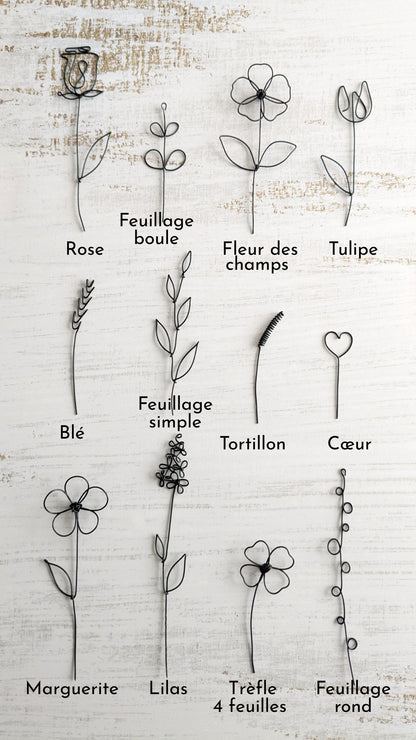 Choix des fleurs bouquet éternel : rose, feuillage boule, fleur des champs, tulipe, blé, feuillage simple, tortillon, cœur, marguerite, lilas, trèfle et feuillage rond - L'atelier de Boucle Piquée