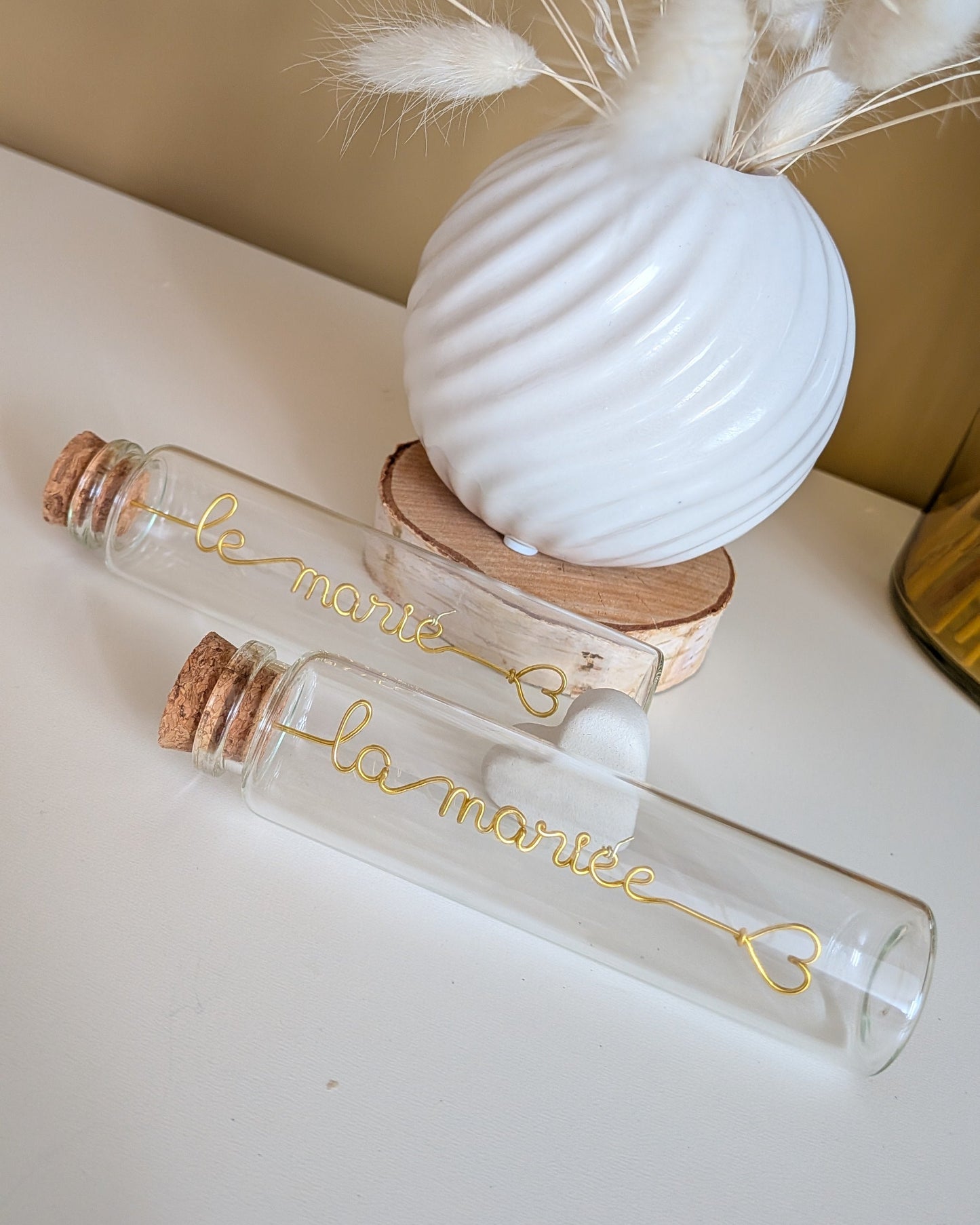 Fiole à message en verre et fil métallique doré - mariage - L'atelier de Boucle Piquée